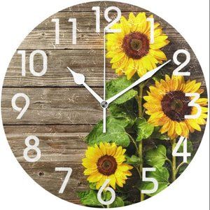 Sunflowers 3D Beautiful Vintage Wood Autumn Round Wall Clock, 9.5 inch
